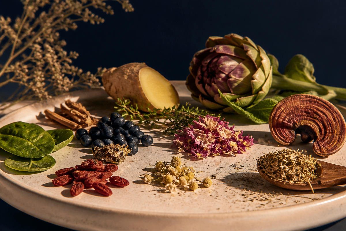 Botanical ingredients arranged on a ceramic plate