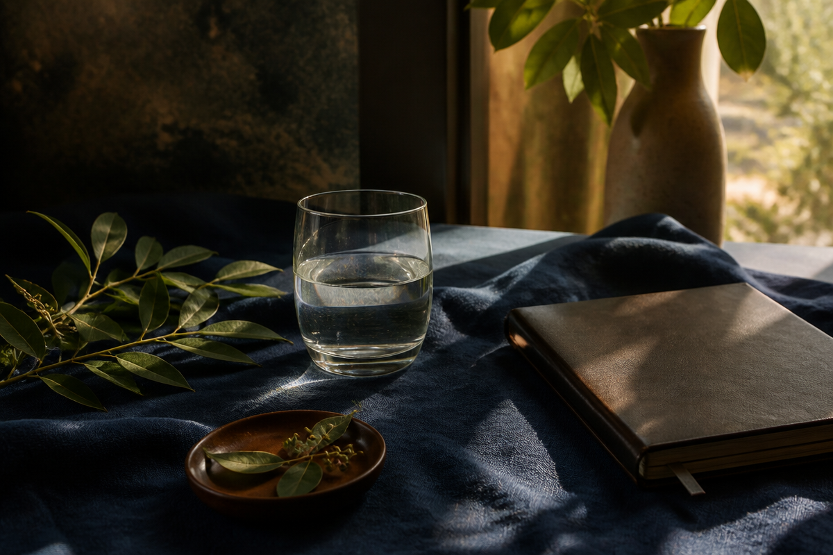 Glass of water and journal in warm morning light